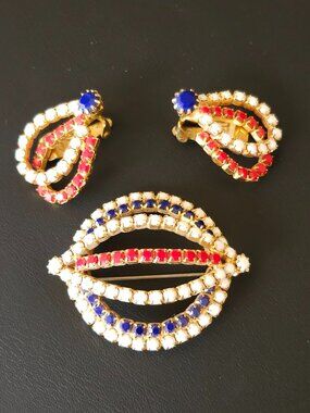 Vintage Red, White & Blue Rhinestone Brooch and Earring Set Patriotic Jewelry